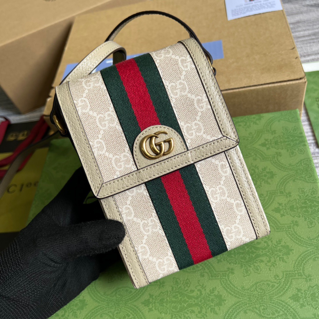 Gucci Ophidia Mini Bag Beige And White GG Supreme Canvas For Women  7in/17.5cm GG 