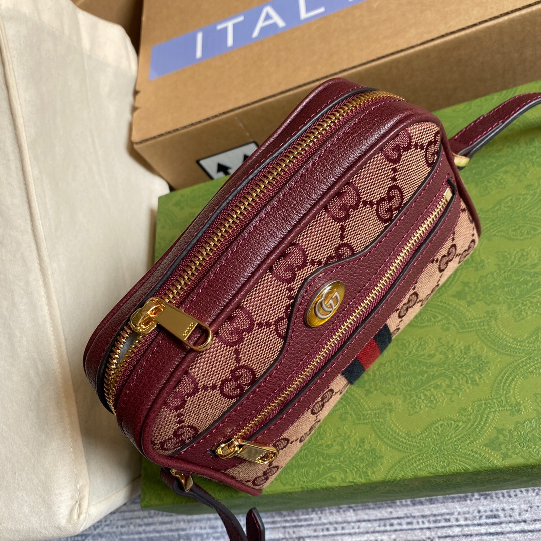 Gucci Ophidia Mini GG Bag Beige And Burgundy GG Supreme Canvas For Women  7in/17.5cm GG 517350-9Y9MS-9864