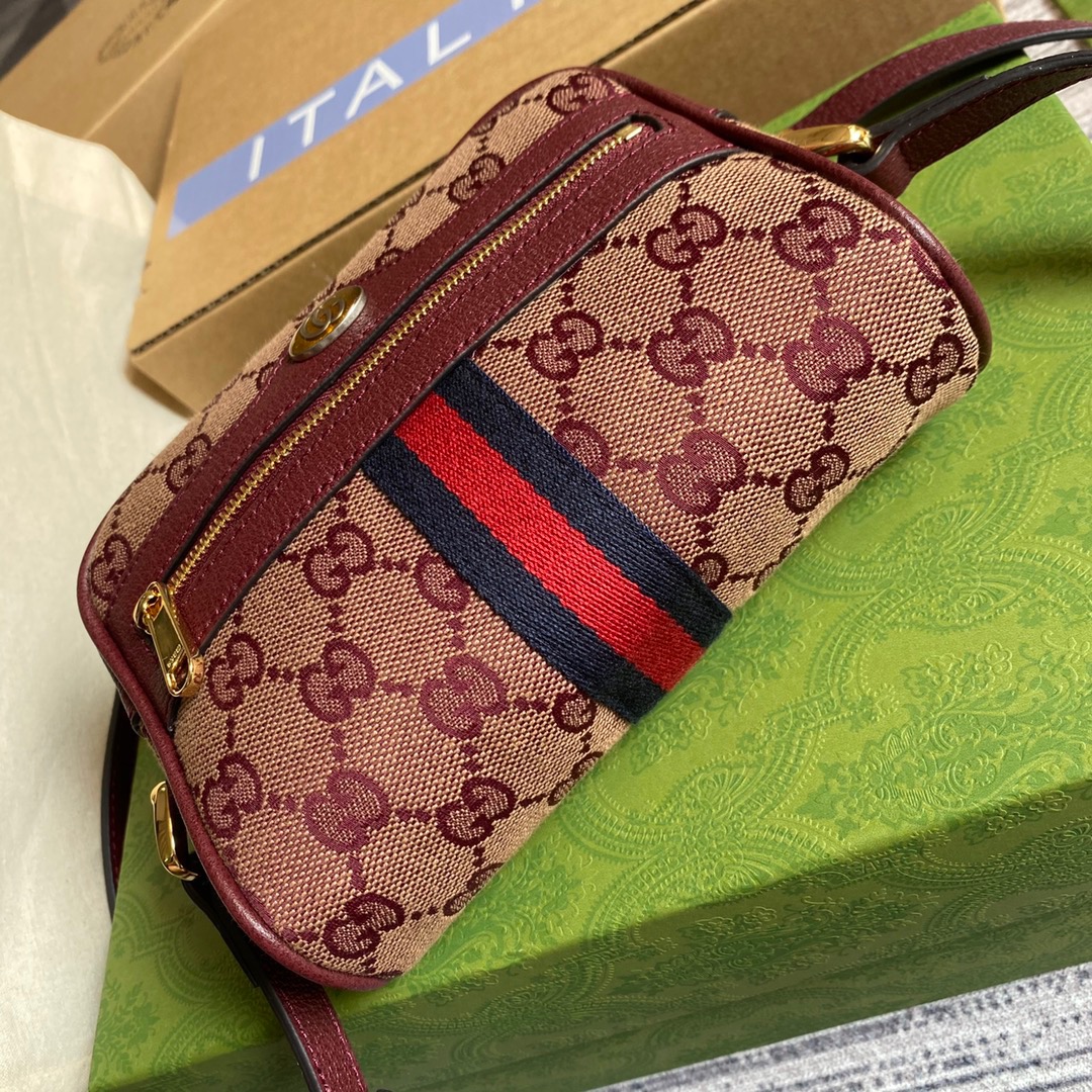 Gucci Ophidia Mini GG Bag Beige And Burgundy GG Supreme Canvas For Women  7in/17.5cm GG 517350-9Y9MS-9864
