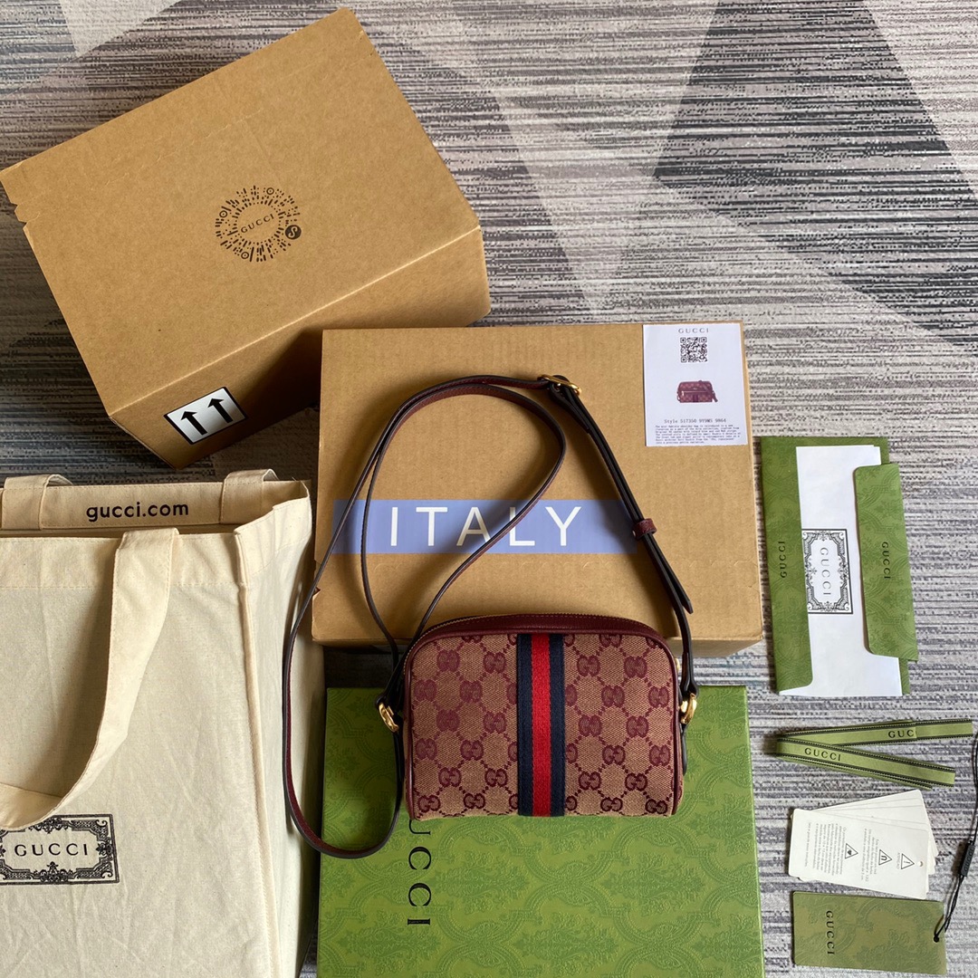 Gucci Ophidia Mini GG Bag Beige And Burgundy GG Supreme Canvas For Women  7in/17.5cm GG 517350-9Y9MS-9864