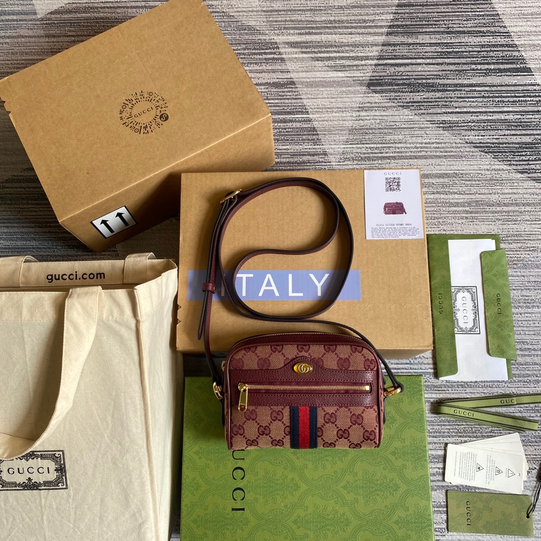 Gucci Ophidia Mini GG Bag Beige And Burgundy GG Supreme Canvas For Women  7in/17.5cm GG 517350-9Y9MS-9864