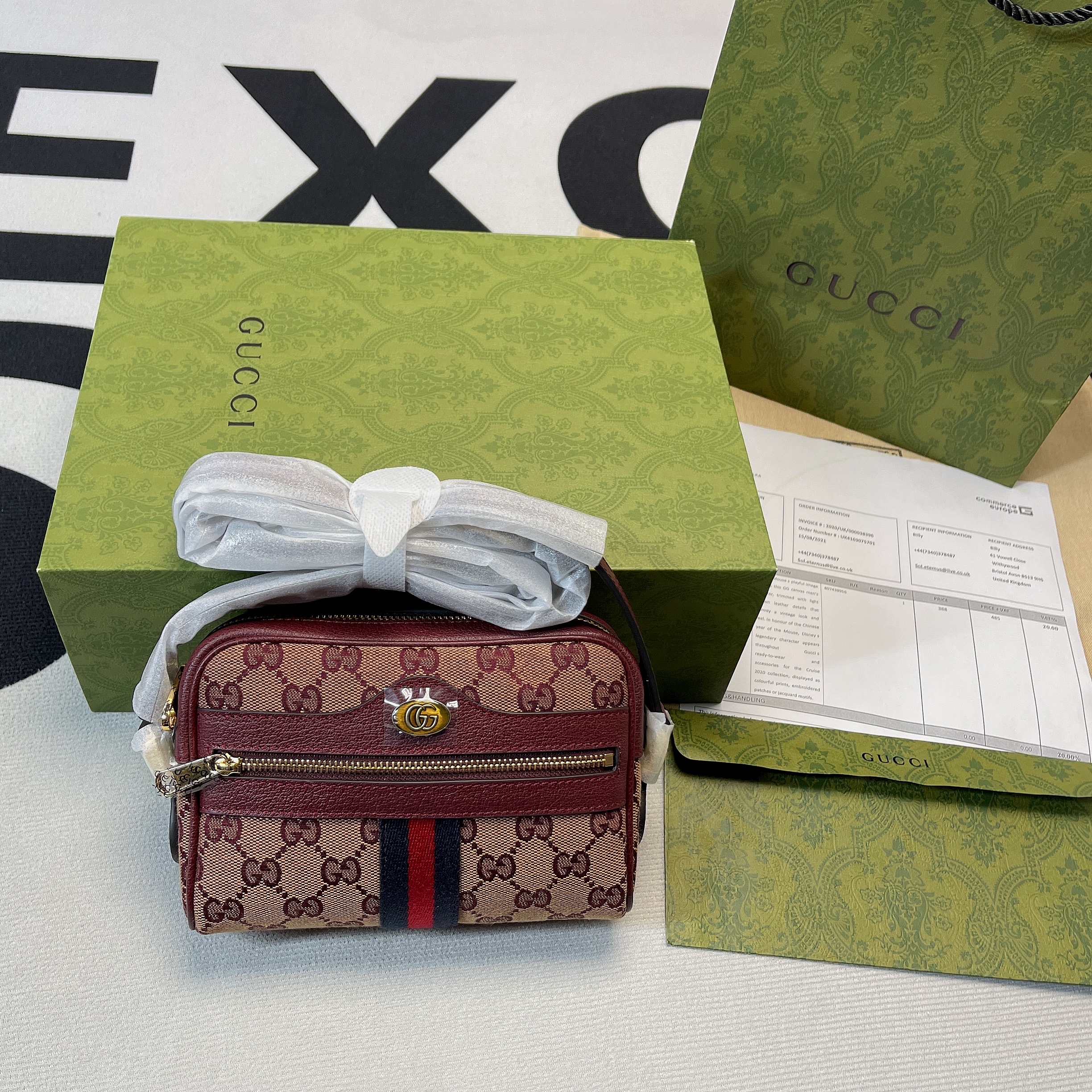 Gucci Ophidia Mini GG Bag Beige And Burgundy GG Supreme Canvas For Women  7in/17.5cm GG 517350-9Y9MS-9864