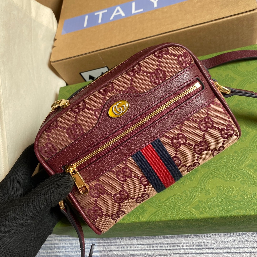 Gucci Ophidia Mini GG Bag Beige And Burgundy GG Supreme Canvas For Women  7in/17.5cm GG 517350-9Y9MS-9864