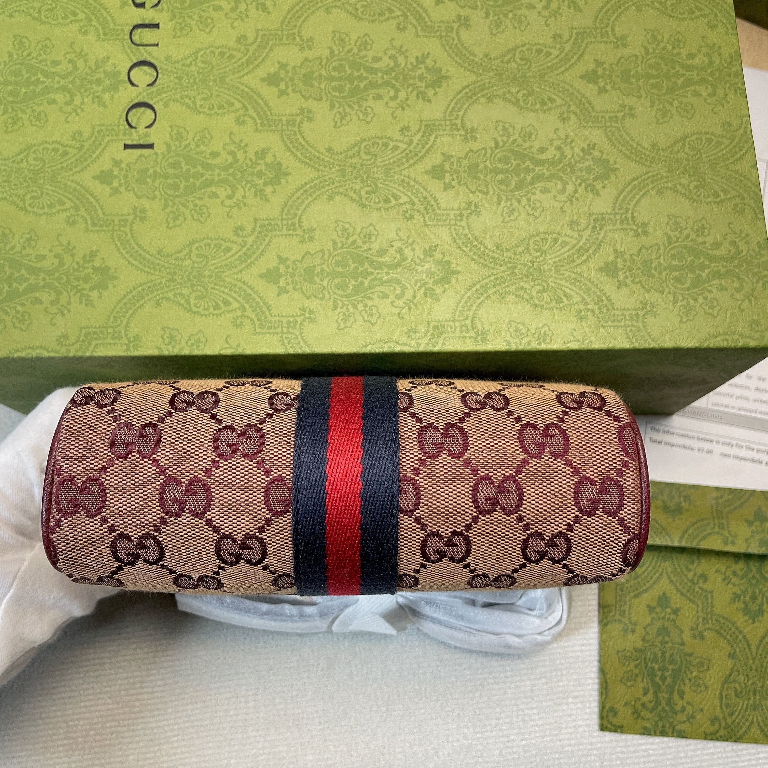 Gucci Ophidia Mini GG Bag Beige And Burgundy GG Supreme Canvas For Women  7in/17.5cm GG 517350-9Y9MS-9864