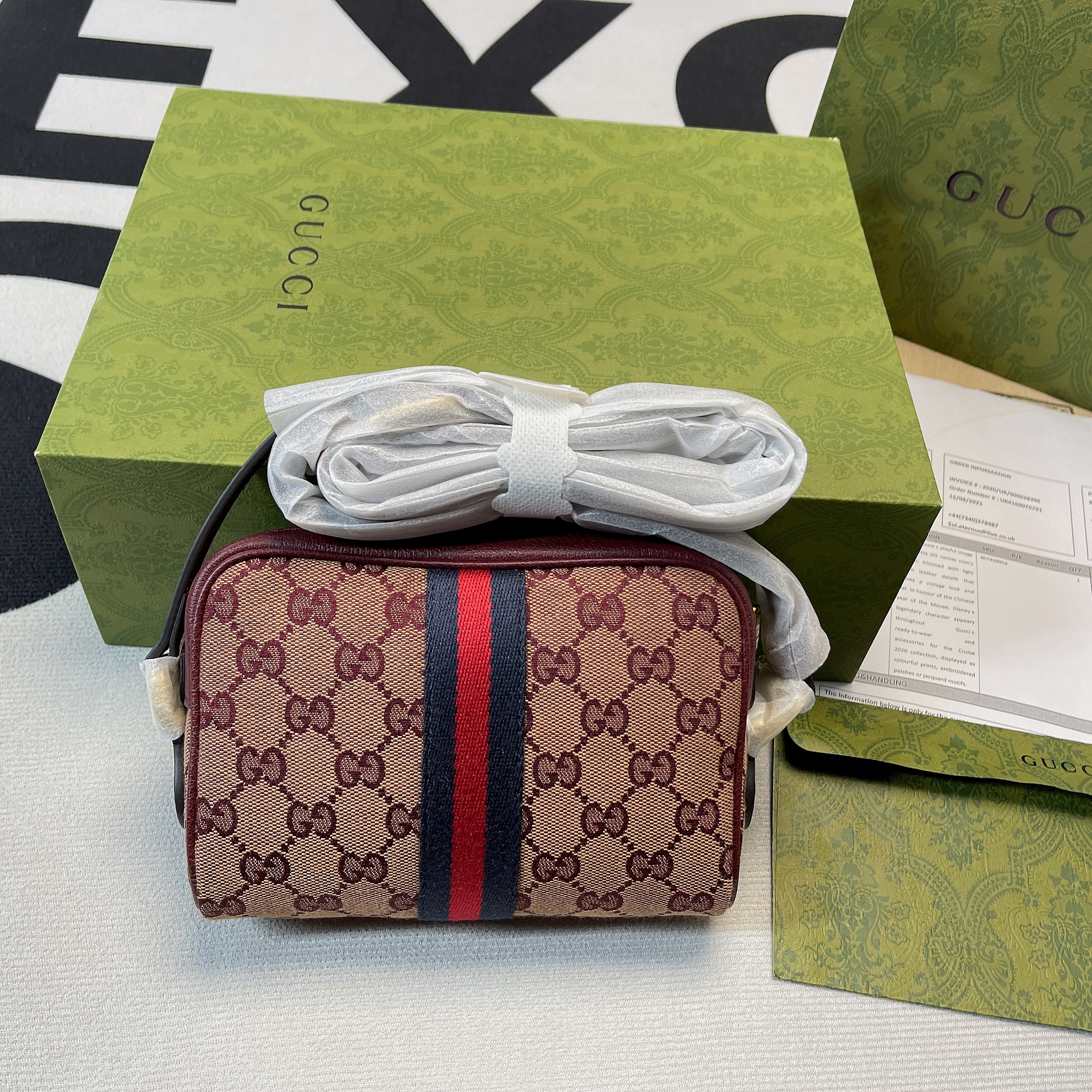 Gucci Ophidia Mini GG Bag Beige And Burgundy GG Supreme Canvas For Women  7in/17.5cm GG 517350-9Y9MS-9864