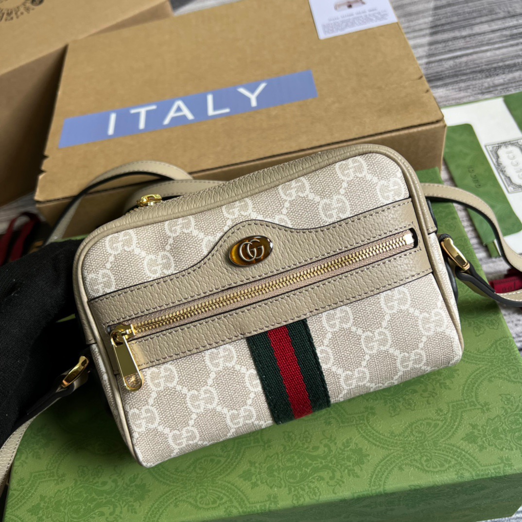 Gucci Ophidia Mini GG Bag Beige And Ebony GG Supreme Canvas, With Beige For Women  7in/17.5cm GG 