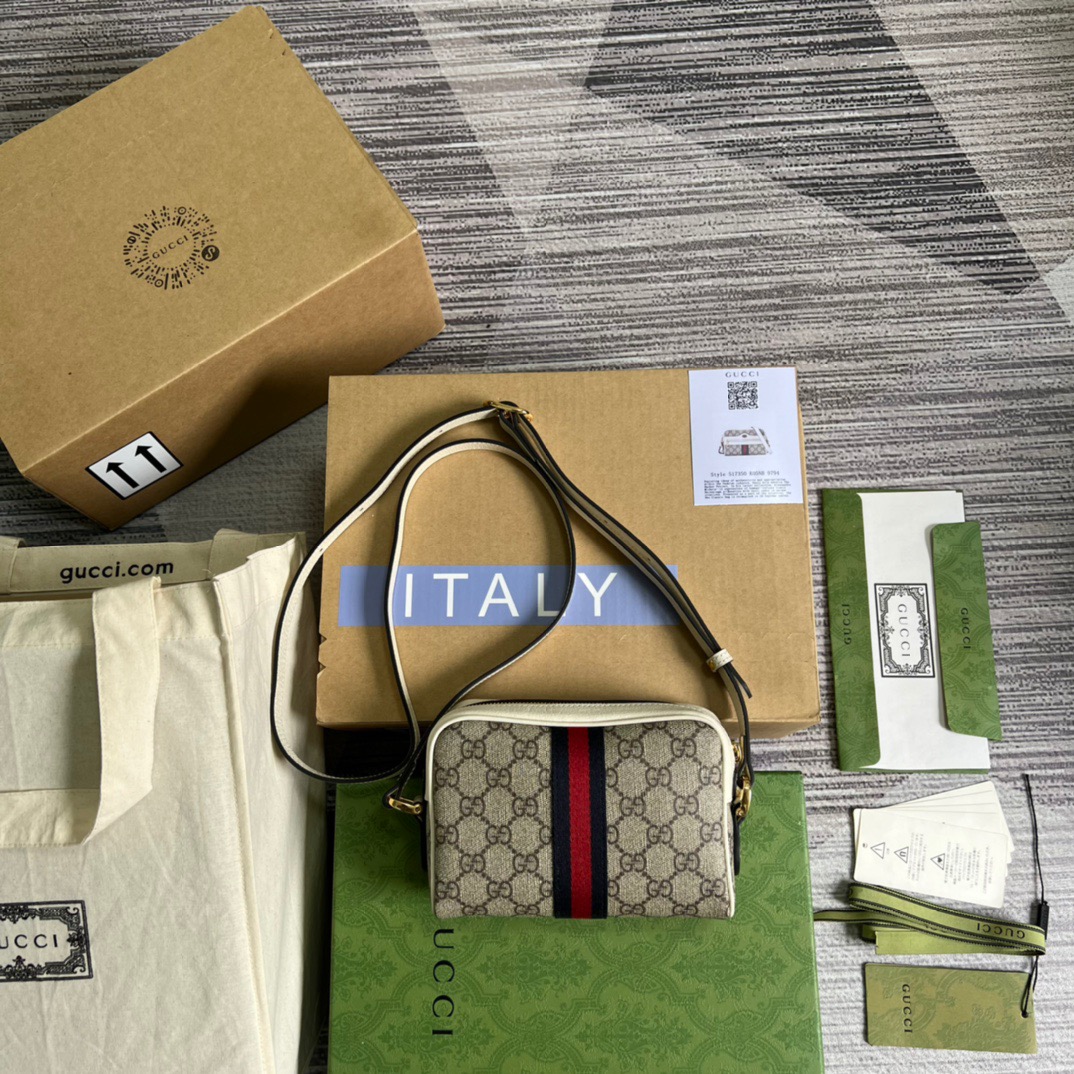 Gucci Ophidia Mini GG Bag Beige And Ebony GG Supreme Canvas, With White For Women  7in/17.5cm GG 517350 96IWS 9794