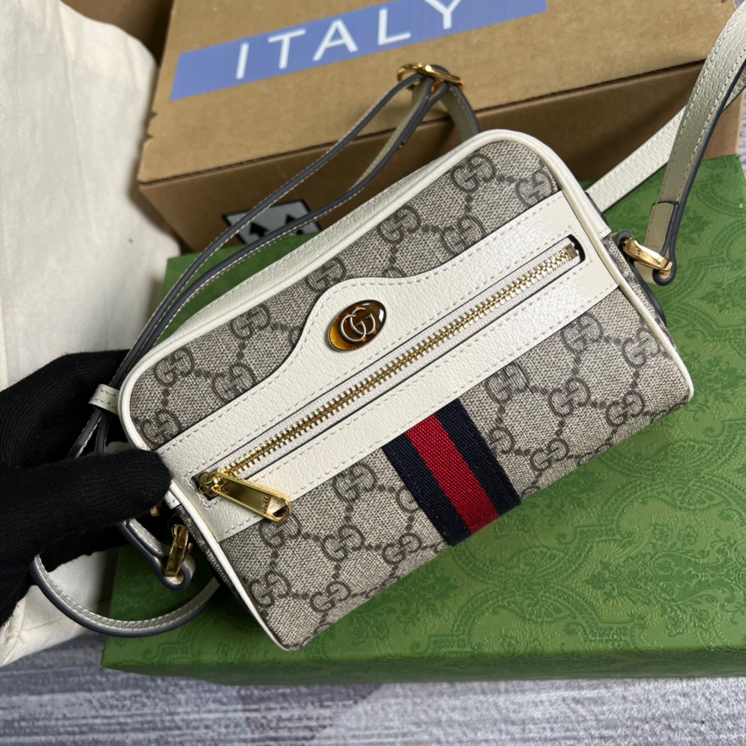 Gucci Ophidia Mini GG Bag Beige And Ebony GG Supreme Canvas, With White For Women  7in/17.5cm GG 517350 96IWS 9794