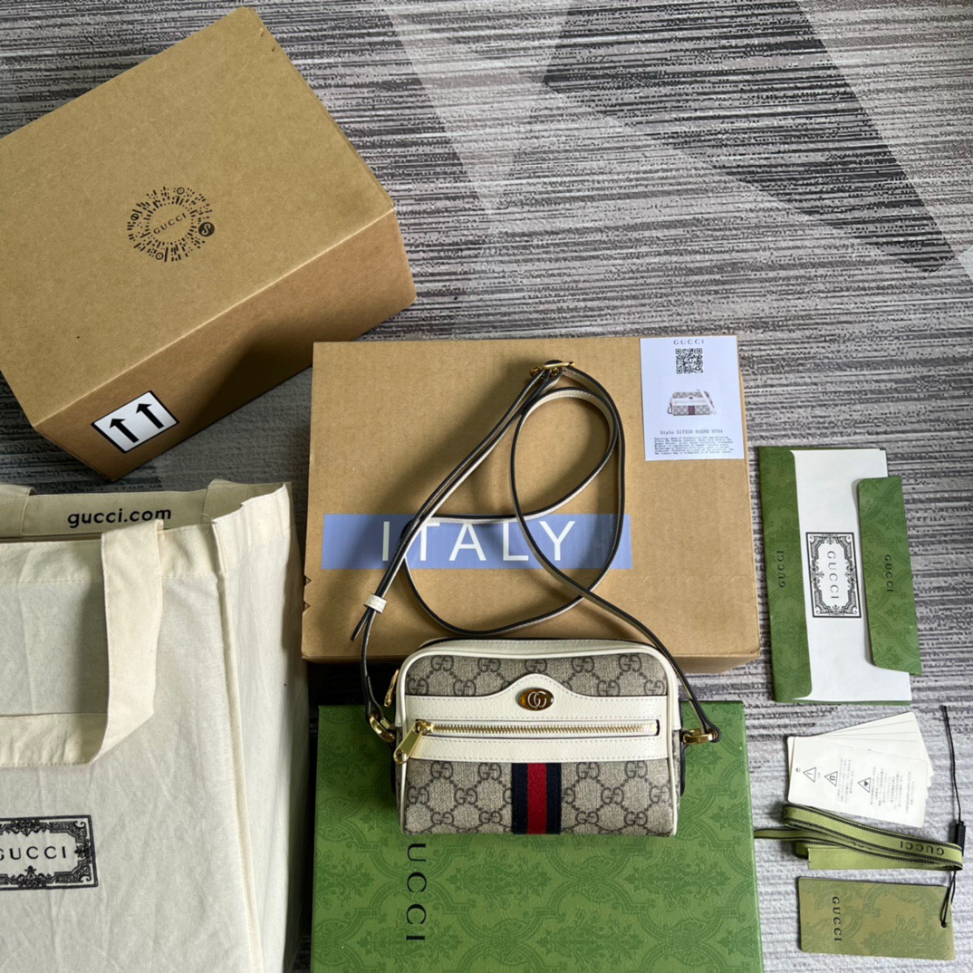 Gucci Ophidia Mini GG Bag Beige And Ebony GG Supreme Canvas, With White For Women  7in/17.5cm GG 517350 96IWS 9794