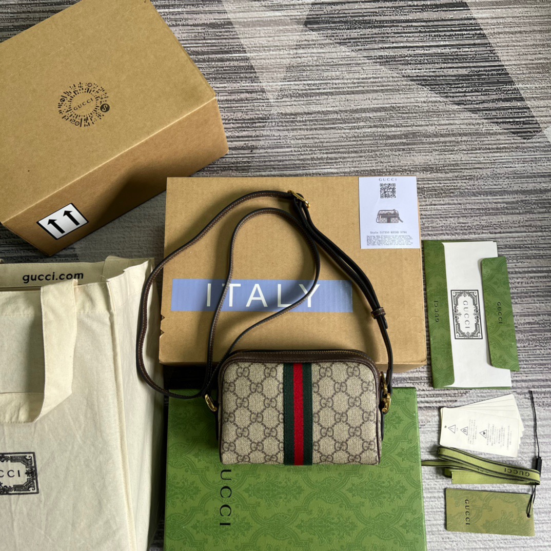 Gucci Ophidia Mini GG Bag Beige/Ebony GG Supreme Canvas With Brown For Women  7in/17.5cm GG 517350 96IWS 8745
