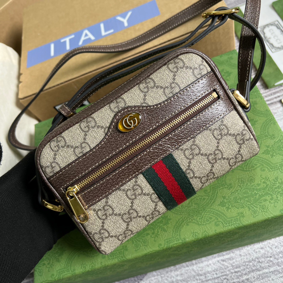 Gucci Ophidia Mini GG Bag Beige/Ebony GG Supreme Canvas With Brown For Women  7in/17.5cm GG 517350 96IWS 8745