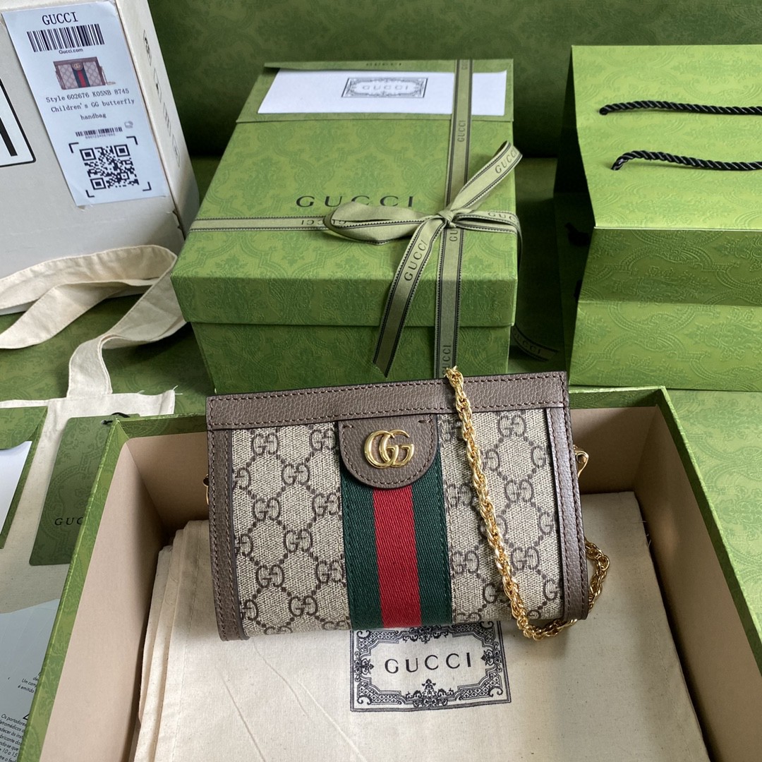 Gucci Ophidia Mini Shoulder Bag Beige/Ebony GG Supreme Canvas Green And Red Web Detail Brown For Women 7.5in/19cm