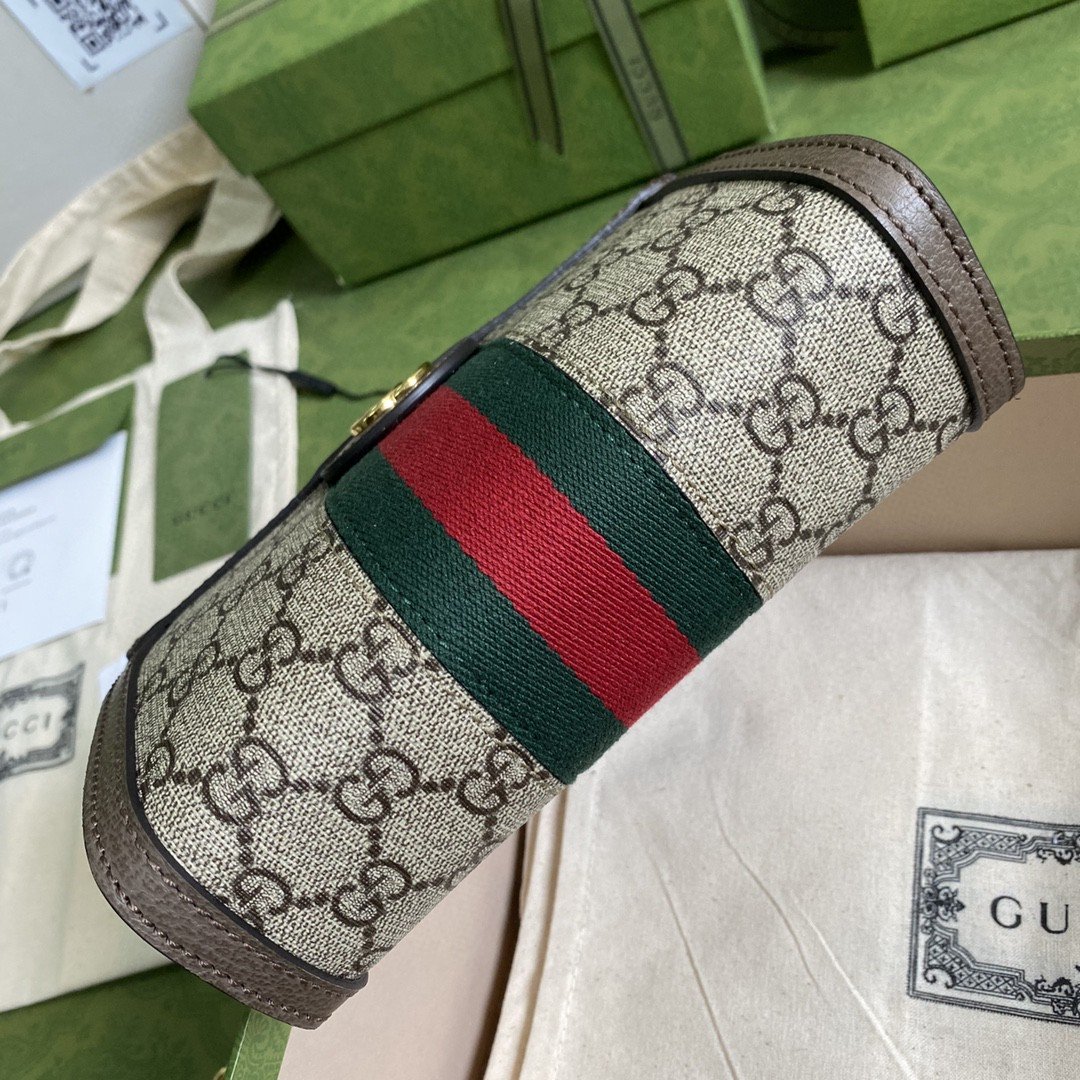 Gucci Ophidia Mini Shoulder Bag Beige/Ebony GG Supreme Canvas Green And Red Web Detail Brown For Women 7.5in/19cm