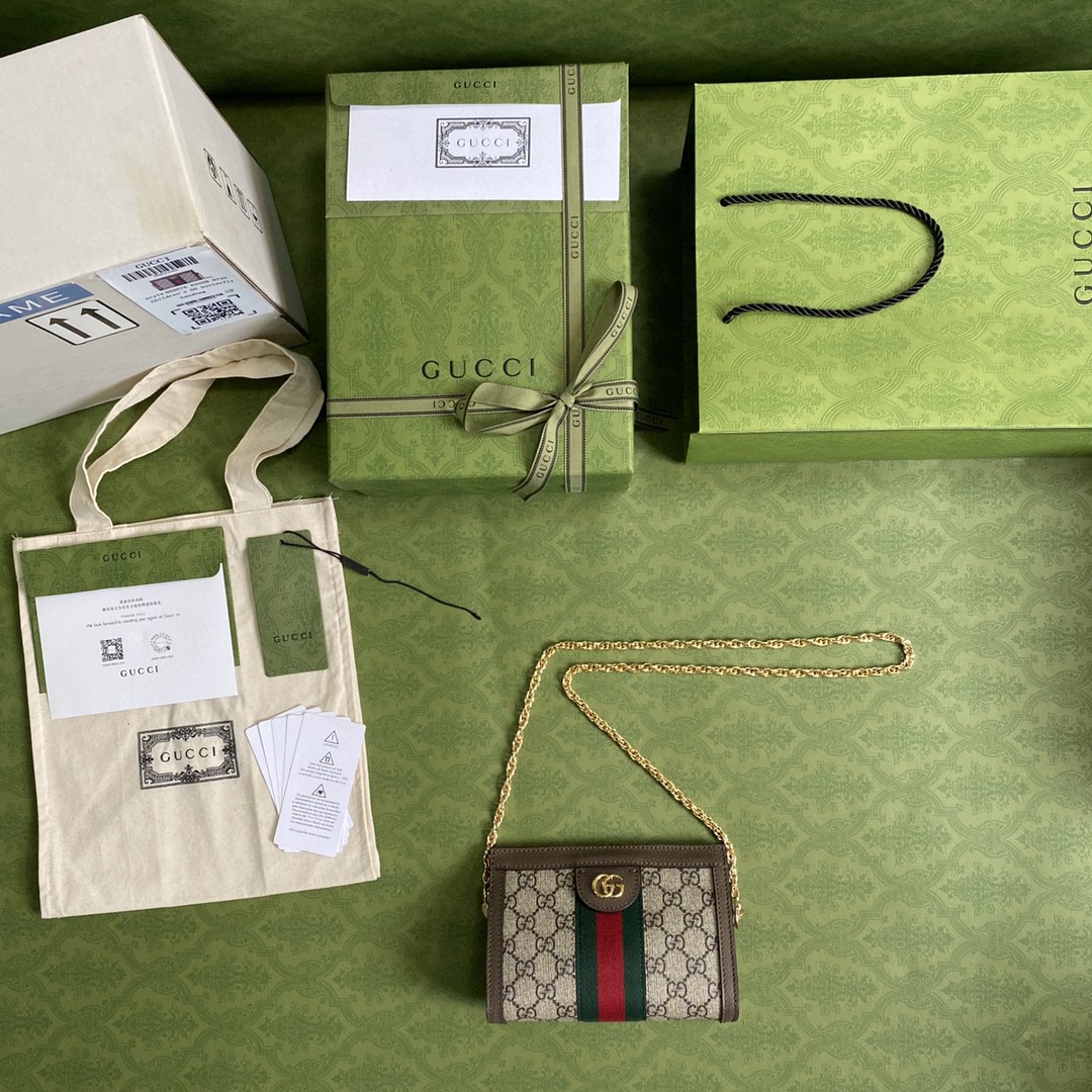 Gucci Ophidia Mini Shoulder Bag Beige/Ebony GG Supreme Canvas Green And Red Web Detail Brown For Women 7.5in/19cm