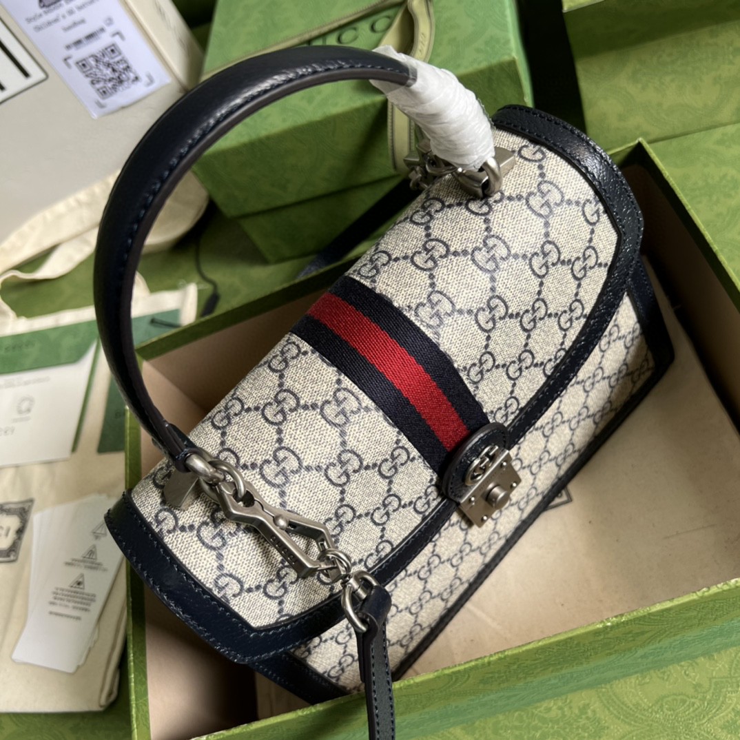 Gucci Ophidia Small Top Handle Bag Beige And Blue GG Supreme Canvas  For Women 10in/25cm 651055 96IWN 4076