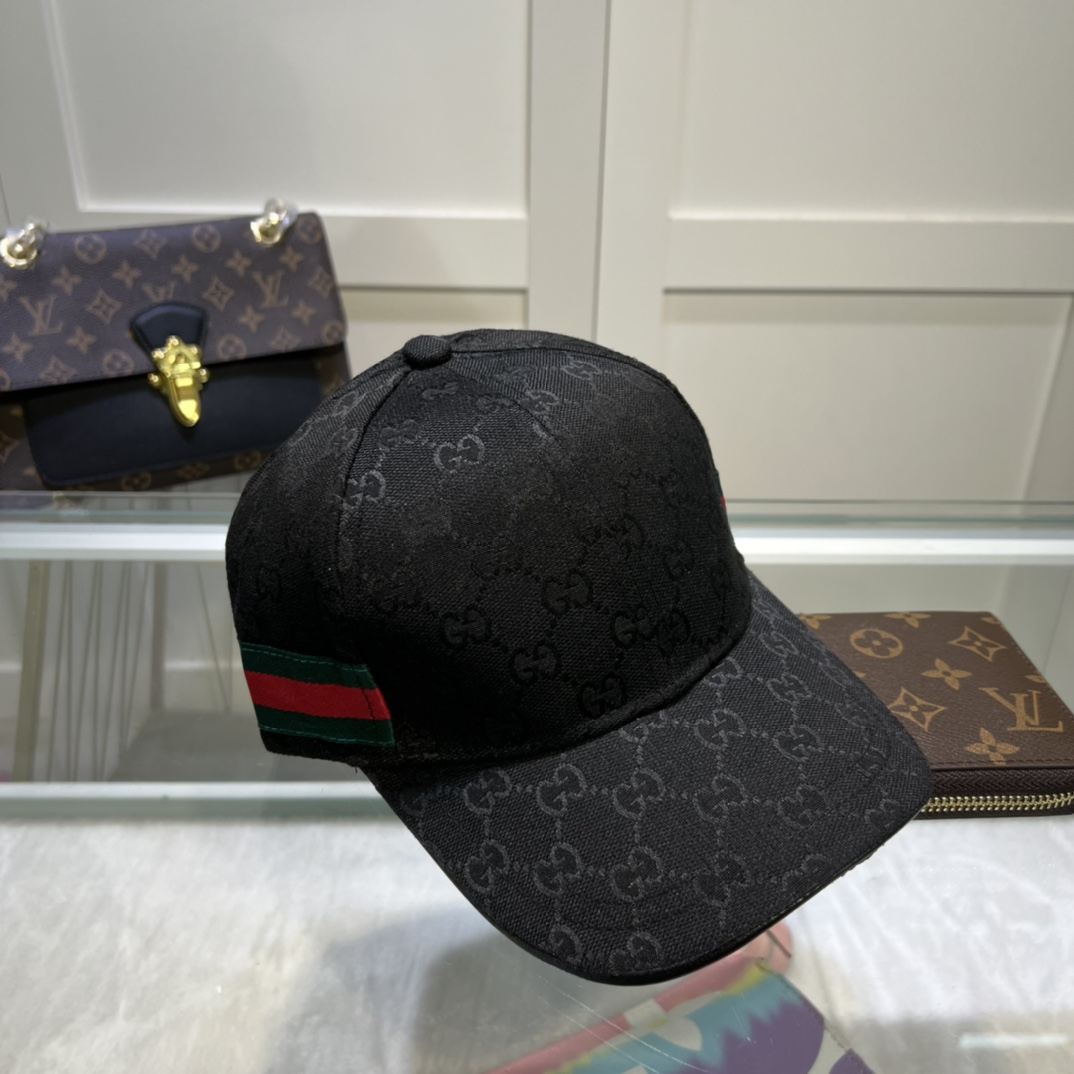 Gucci Original GG Canvas Baseball Hat With Web Black GG Hat