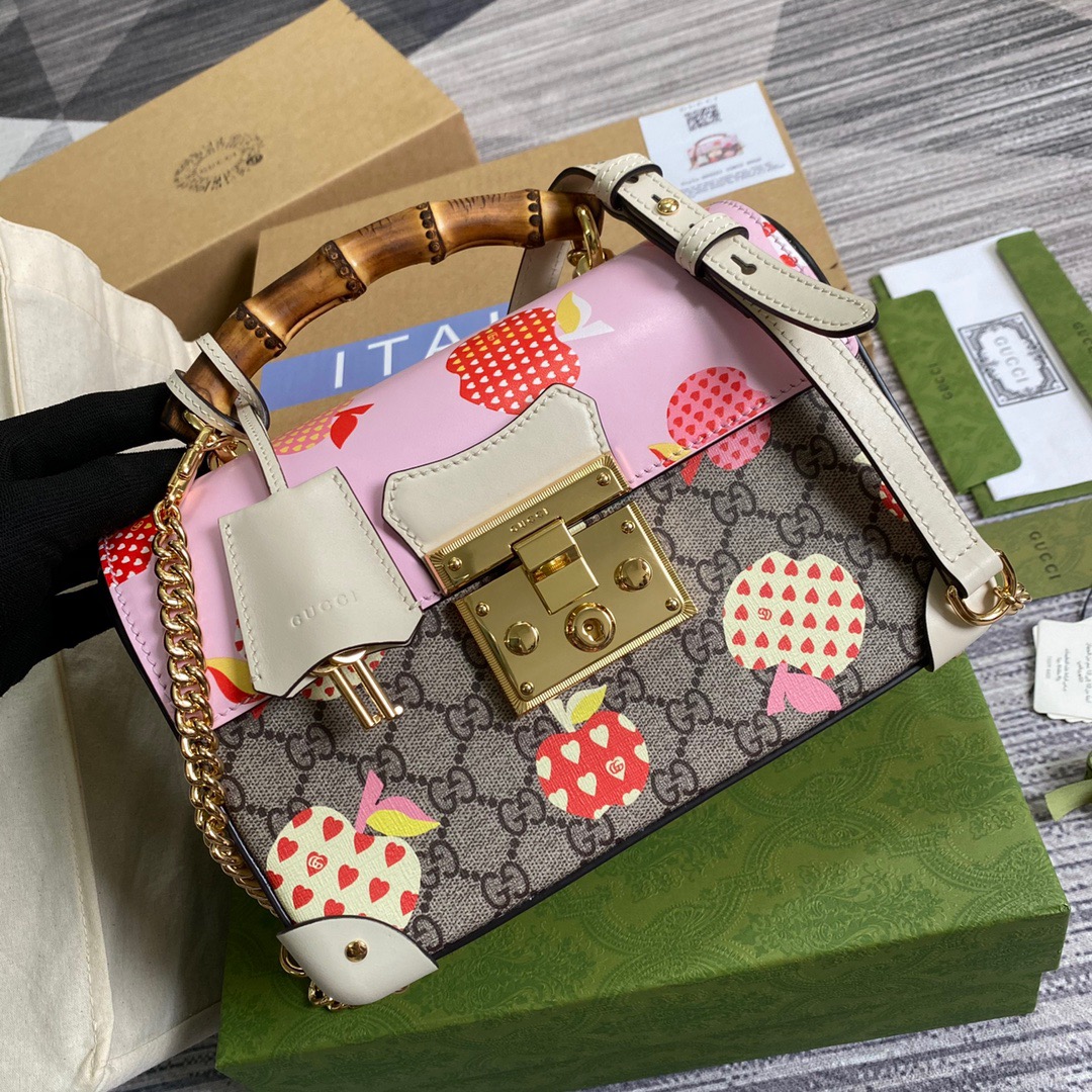 Gucci Padlock GG Small amboo Strawberry Shoulder Bag Beige For Women, Women’s Bags 9.5in/24cm GG
