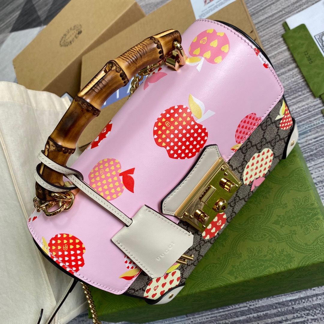 Gucci Padlock GG Small amboo Strawberry Shoulder Bag Beige For Women, Women’s Bags 9.5in/24cm GG