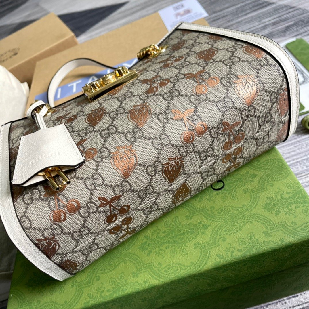 Gucci Padlock Small Gucci Strawberry Shoulder Bag Beige For Women, Women’s Bags 10in/26cm GG