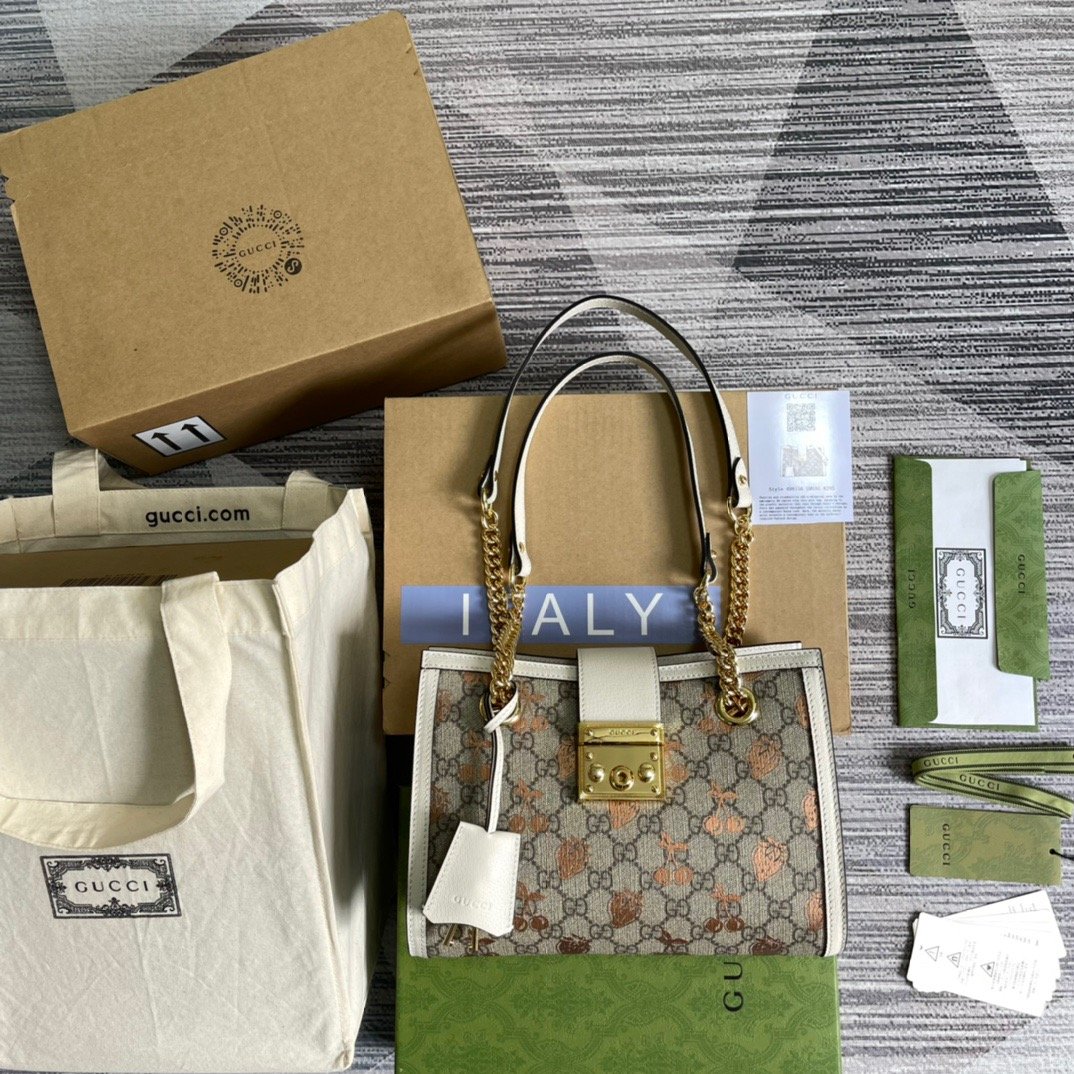 Gucci Padlock Small Gucci Strawberry Shoulder Bag Beige For Women, Women’s Bags 10in/26cm GG