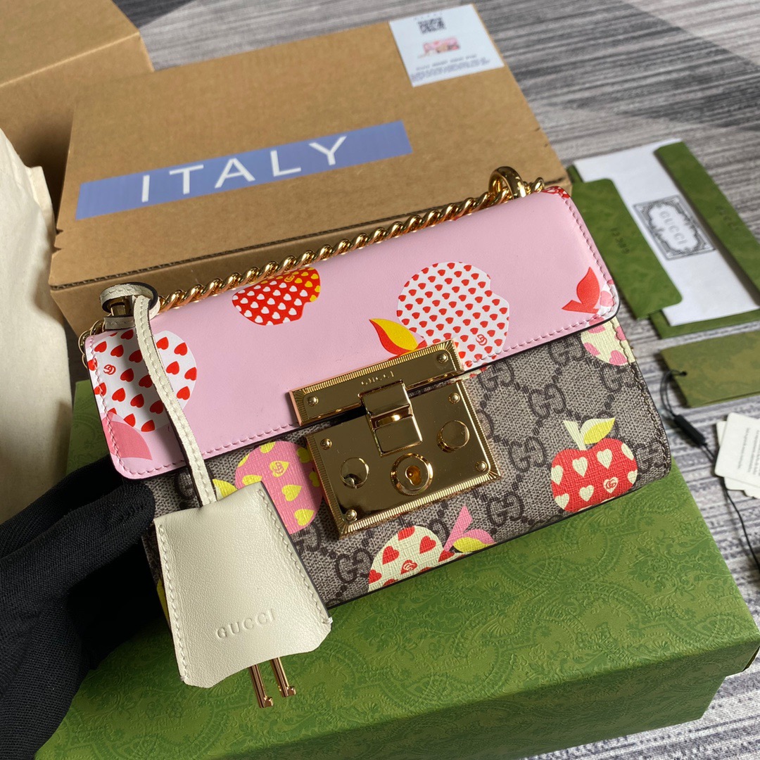 Gucci Padlock Small Gucci Strawberry Shoulder Bag Beige For Women, Women’s Bags 7.9in/20cm GG