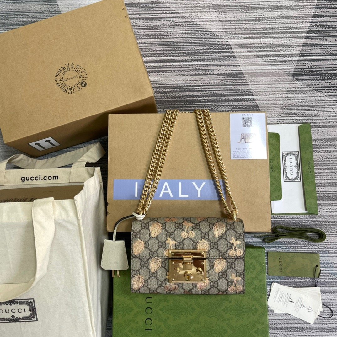 Gucci Padlock Small Gucci Strawberry Shoulder Bag Beige For Women, Women’s Bags 7.9in/20cm GG