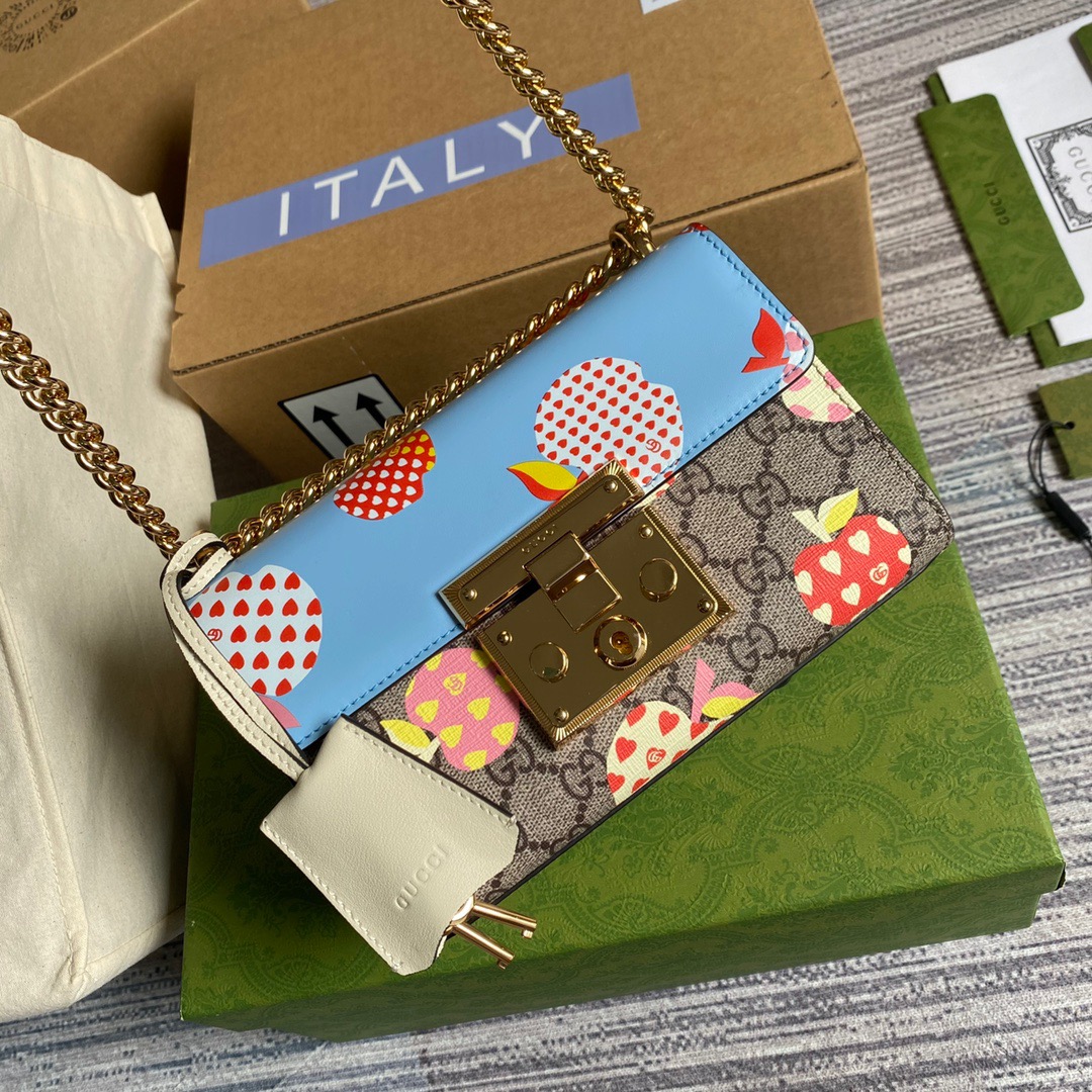 Gucci Padlock Small Gucci Strawberry Shoulder Bag Beige For Women, Women’s Bags 7.9in/20cm GG