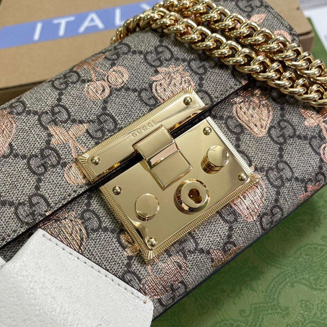 Gucci Padlock Small Gucci Strawberry Shoulder Bag Beige For Women, Women’s Bags 7.9in/20cm GG
