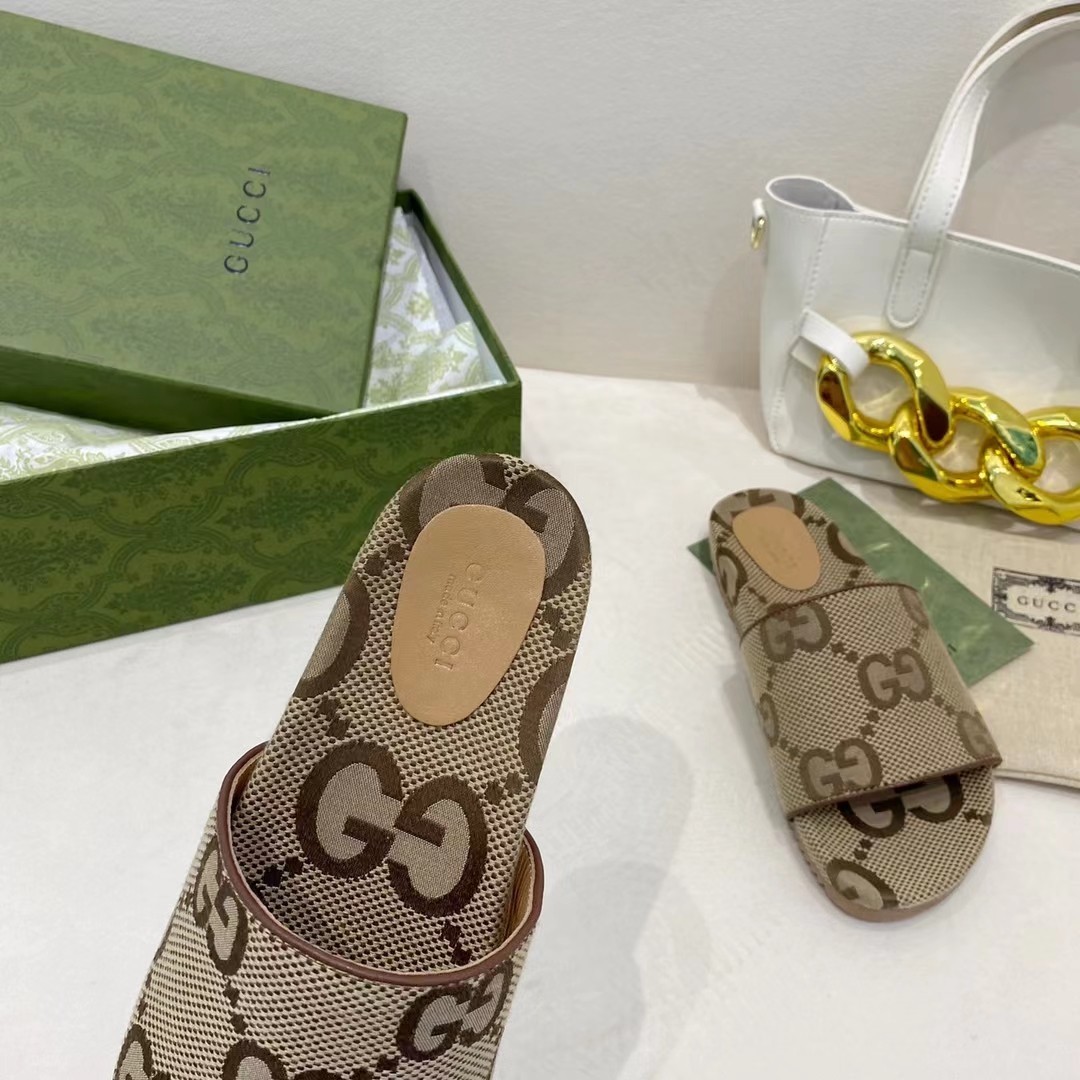 Gucci Platform Slide Sandal By Canvas Fabric Brown For Women GG