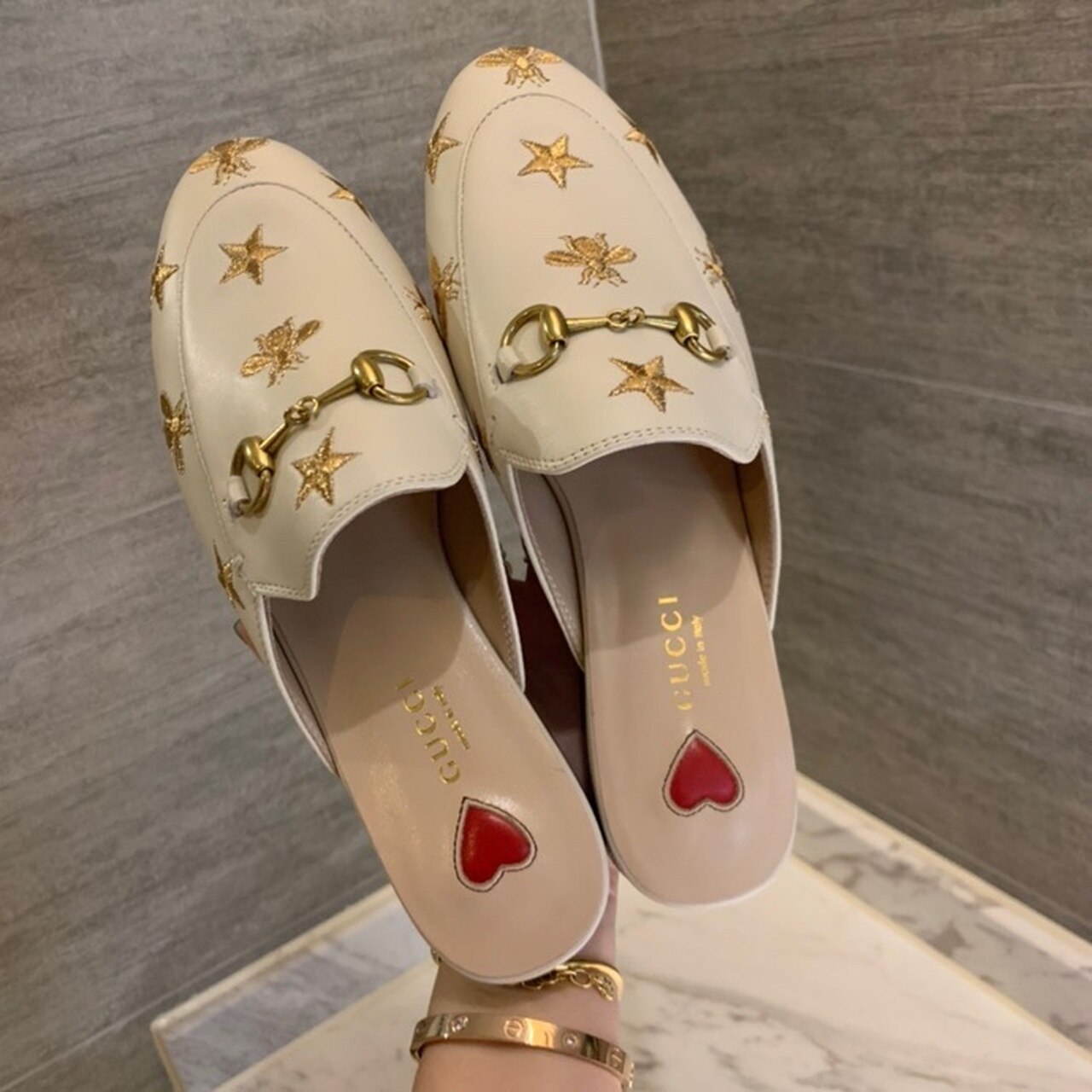 Gucci Princetown Slipper With Bee Stars Beige For Women GG