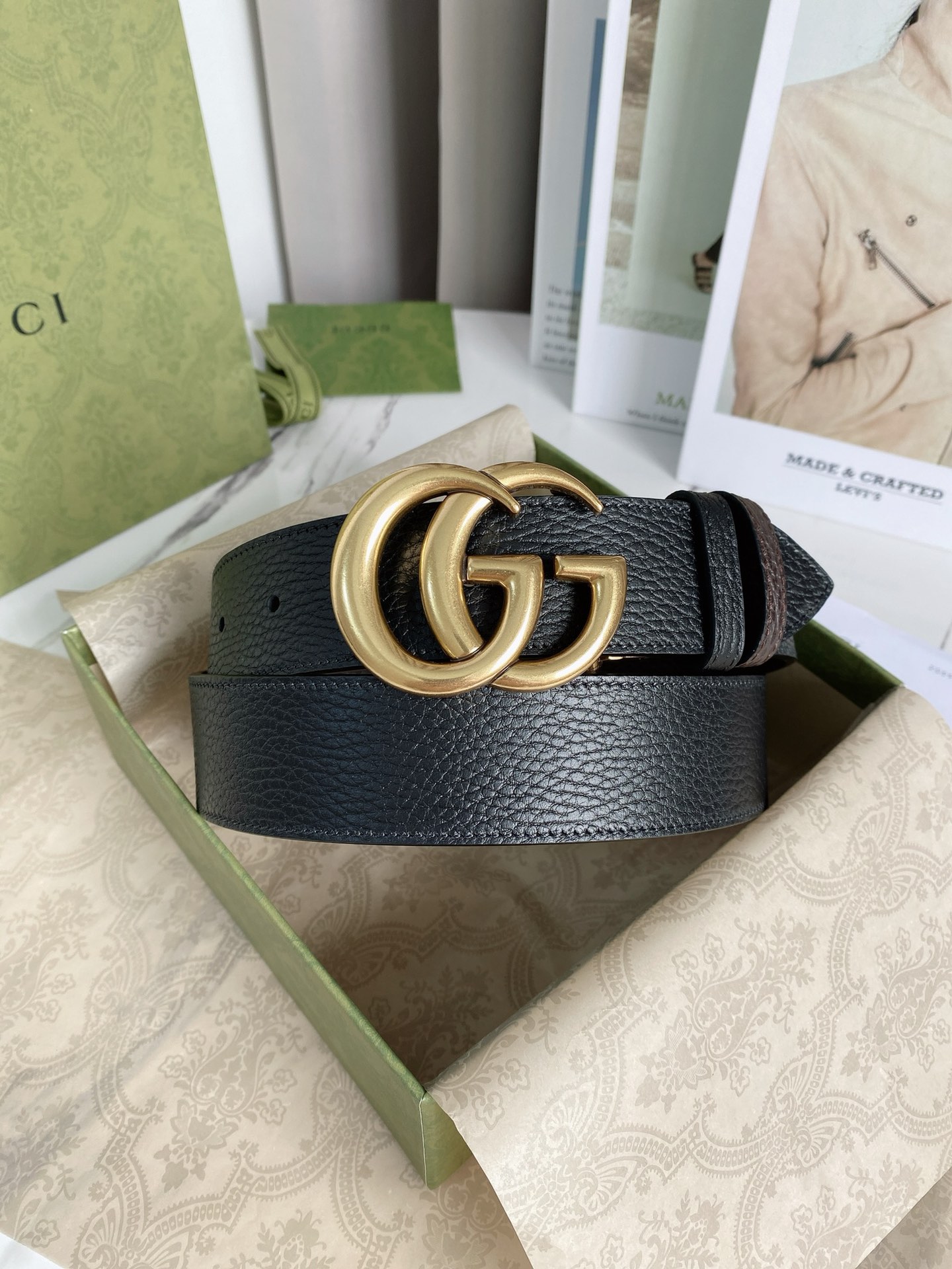 Gucci Reversible Belt With Double G Buckle Black/Light Brown, GG Women Belt 643847 CAO2T 8170