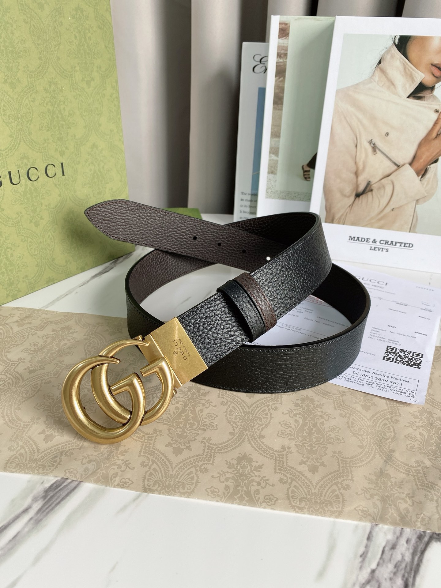 Gucci Reversible Belt With Double G Buckle Black/Light Brown, GG Women Belt 643847 CAO2T 8170