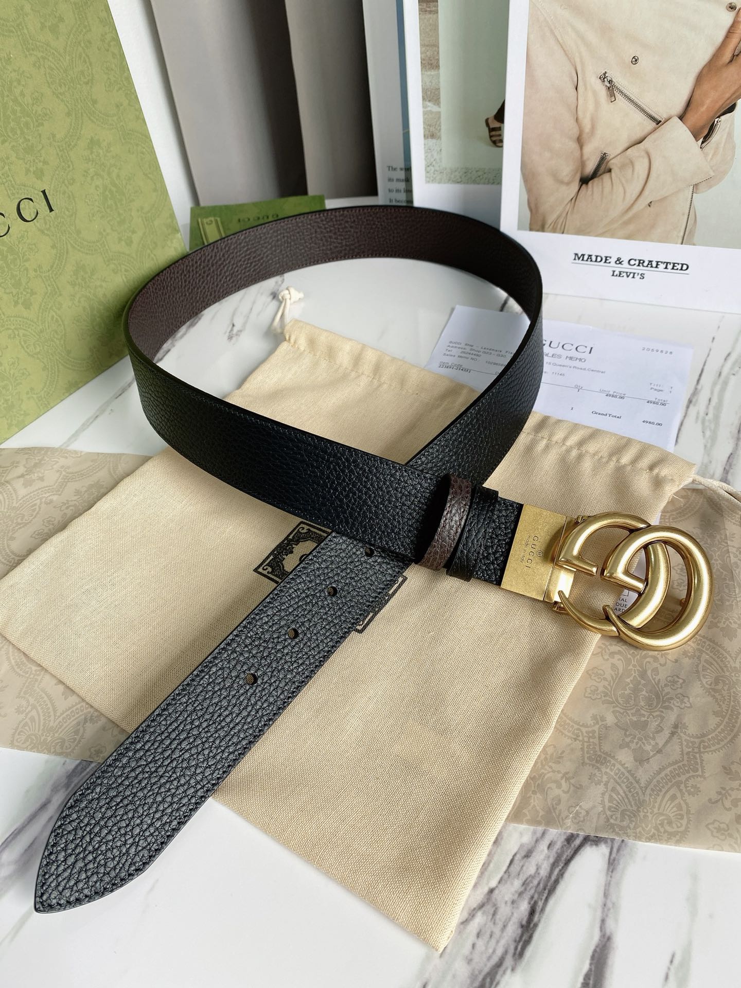 Gucci Reversible Belt With Double G Buckle Black/Light Brown, GG Women Belt 643847 CAO2T 8170