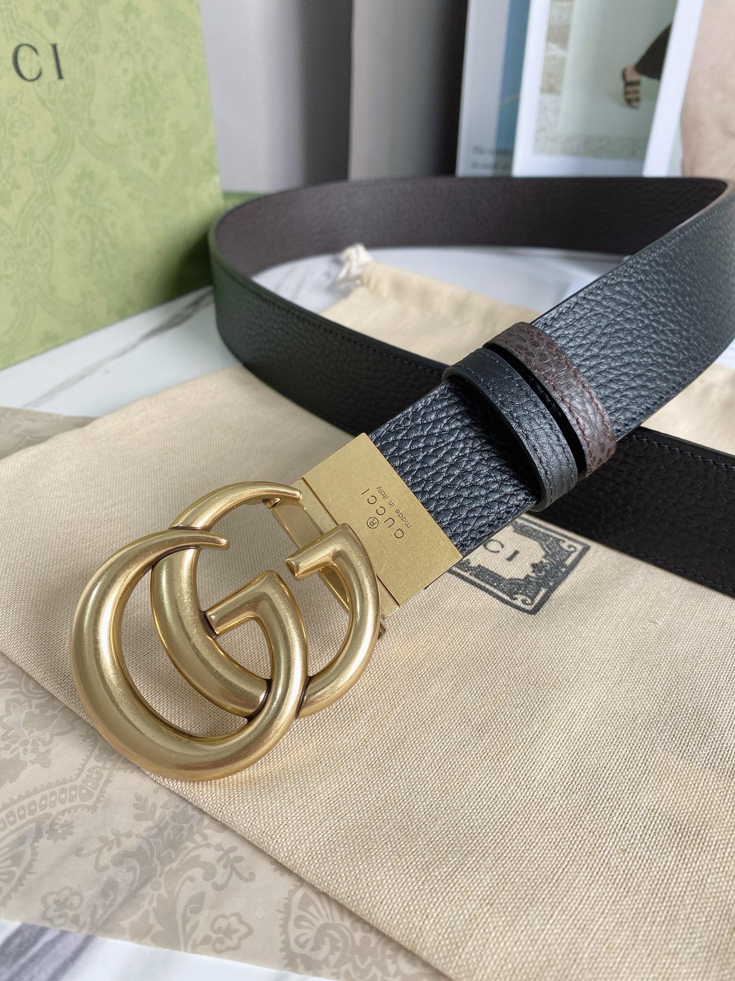 Gucci Reversible Belt With Double G Buckle Black/Light Brown, GG Women Belt 643847 CAO2T 8170