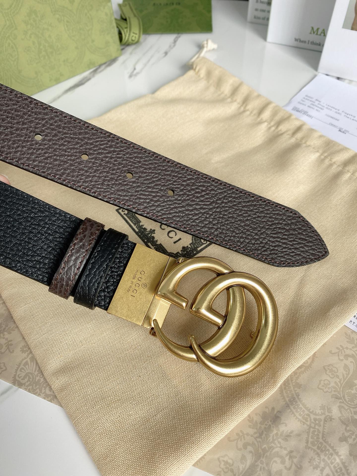 Gucci Reversible Belt With Double G Buckle Black/Light Brown, GG Women Belt 643847 CAO2T 8170