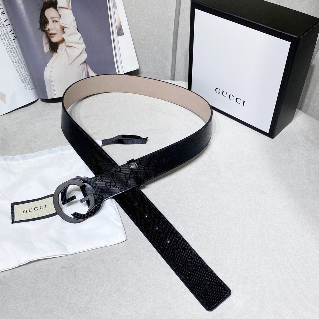 Gucci Signature Belt With Patterned Interlocking G Buckle Black For Women, Women Belt