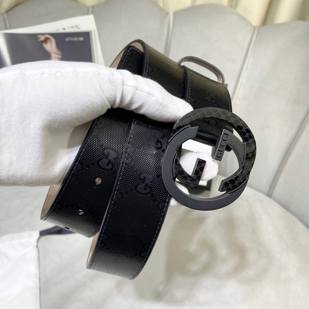 Gucci Signature Belt With Patterned Interlocking G Buckle Black For Women, Women Belt