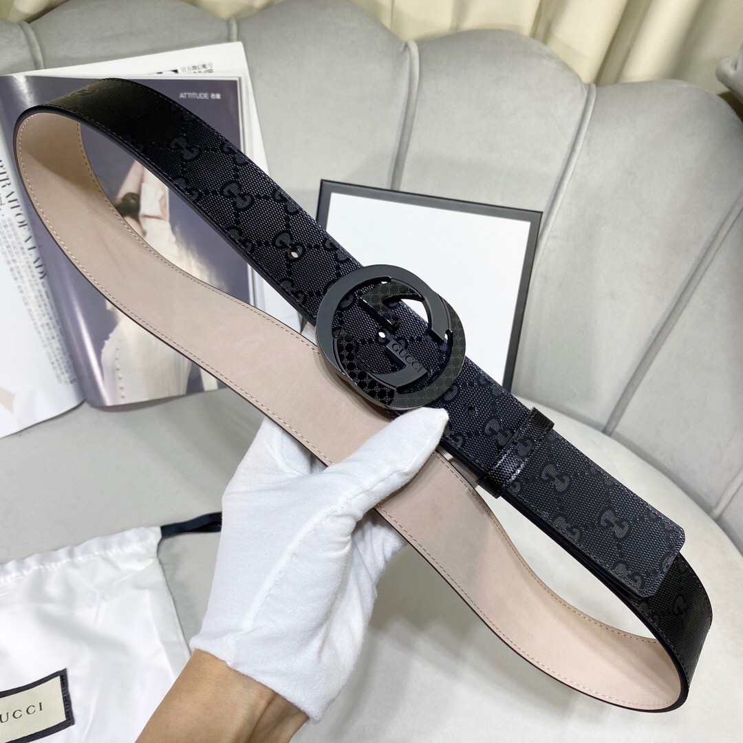 Gucci Signature Belt With Patterned Interlocking G Buckle Black For Women, Women Belt