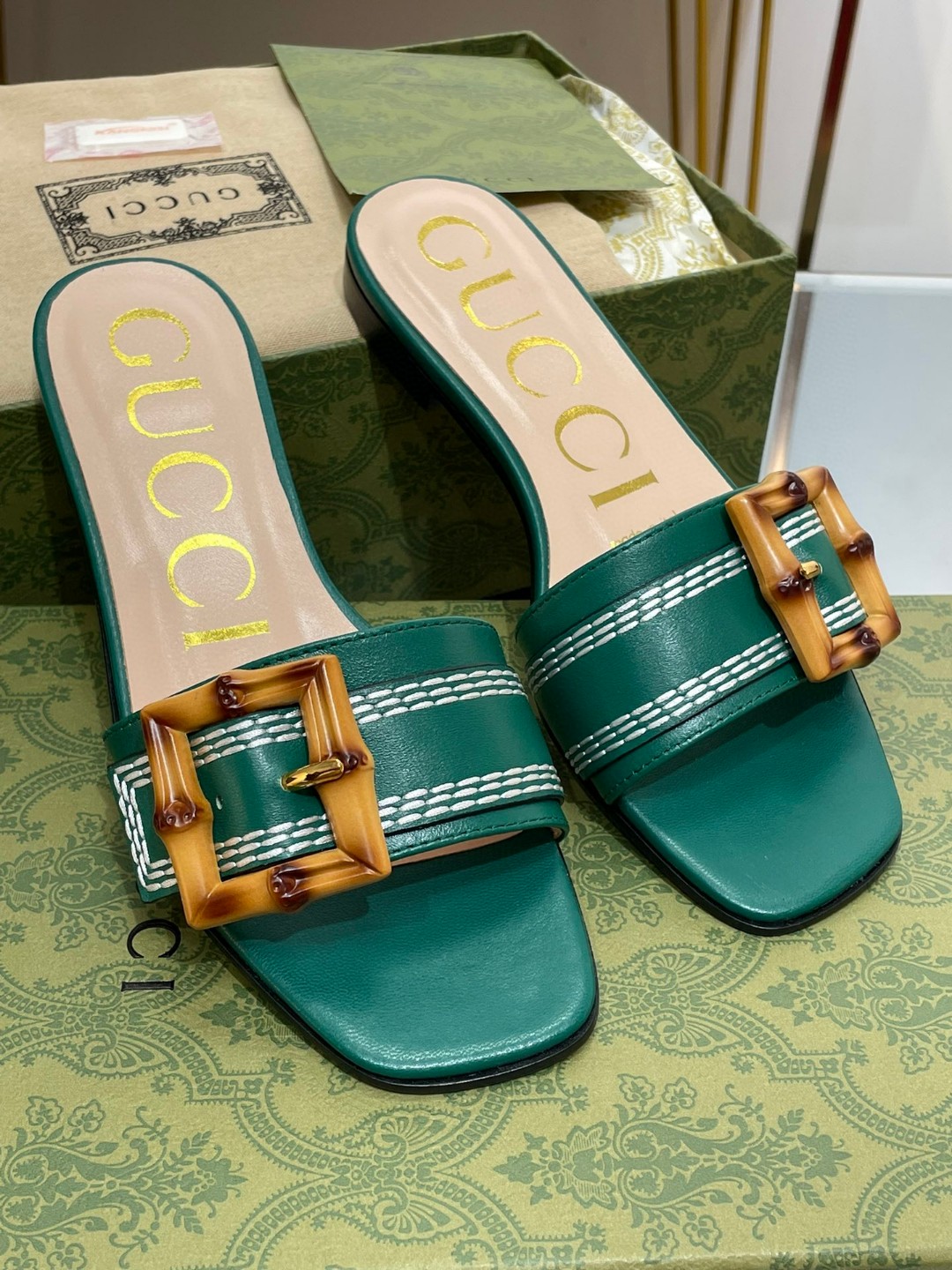 Gucci Slide Sandal With Bamboo Buckle Green For Women 724837 C9D00 3120