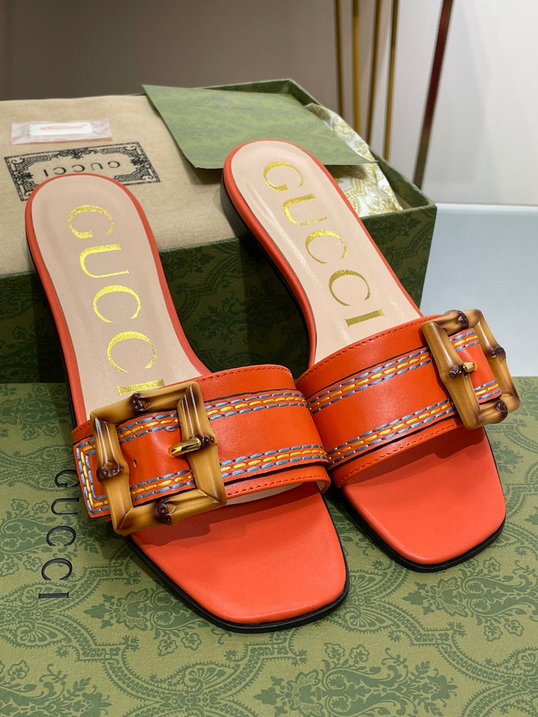 Gucci Slide Sandal With Bamboo Buckle Orange For Women