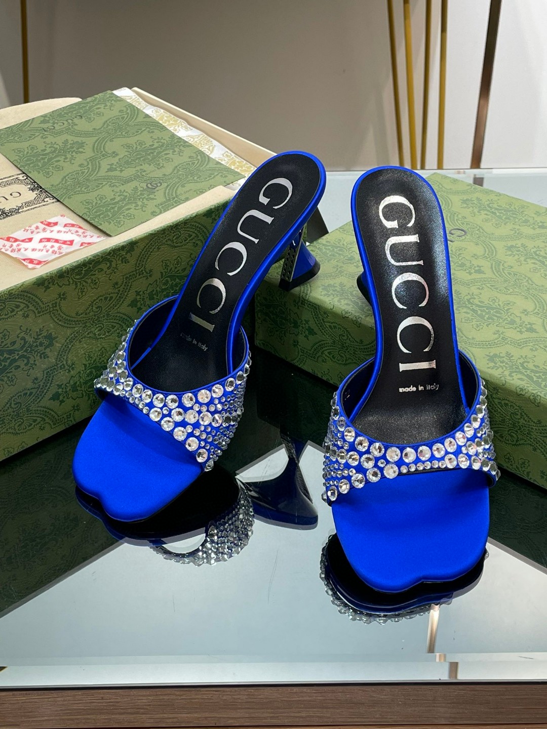 Gucci Slide Sandal With Crystals Blue For Women 749663 F1400 4319