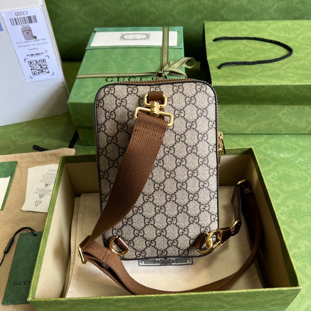 Gucci Sling Backpack With Interlocking G Beige And Ebony GG Supreme Canvas For Men 9.4in/24cm GG 696016 92THG 8563