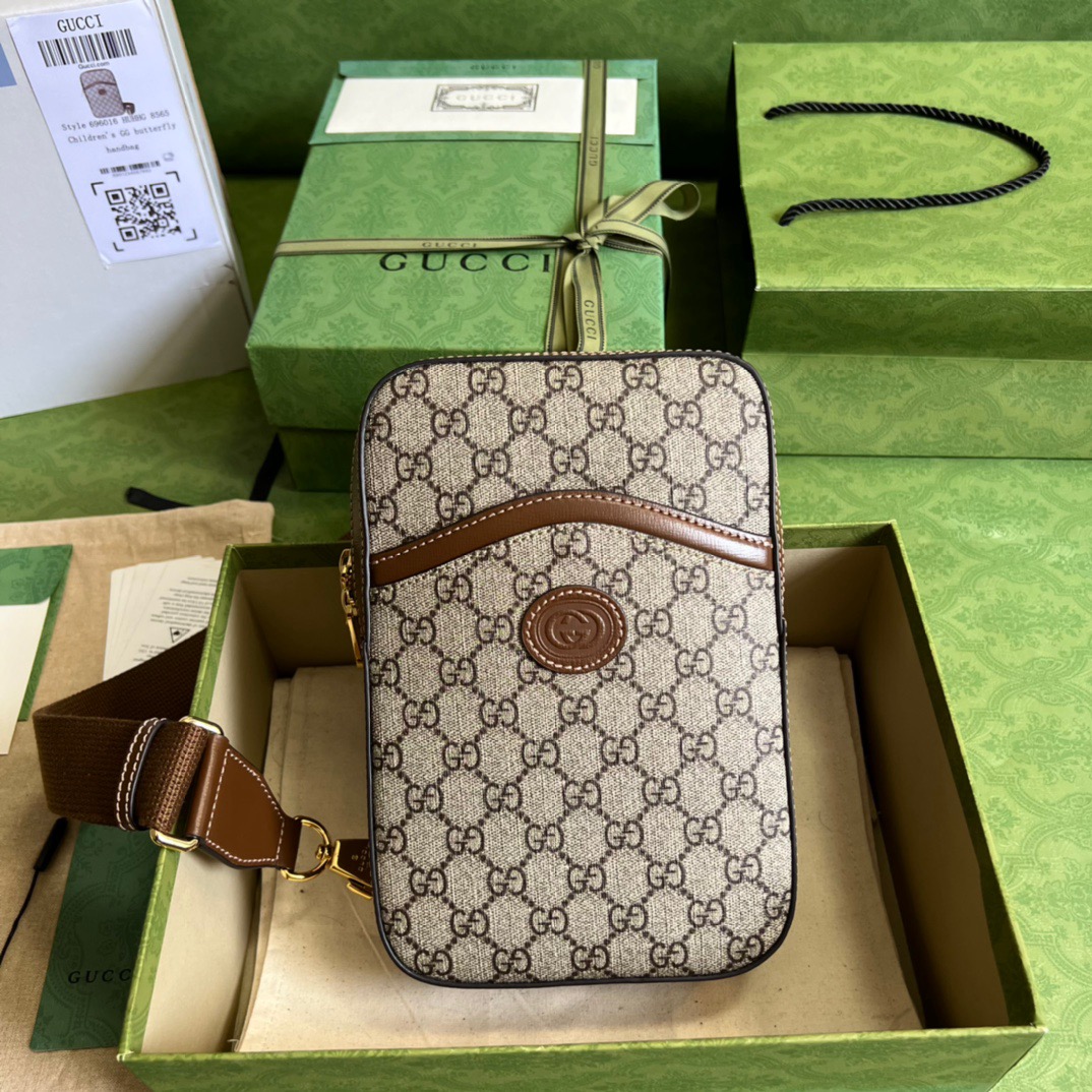 Gucci Sling Backpack With Interlocking G Beige And Ebony GG Supreme Canvas For Men 9.4in/24cm GG 696016 92THG 8563