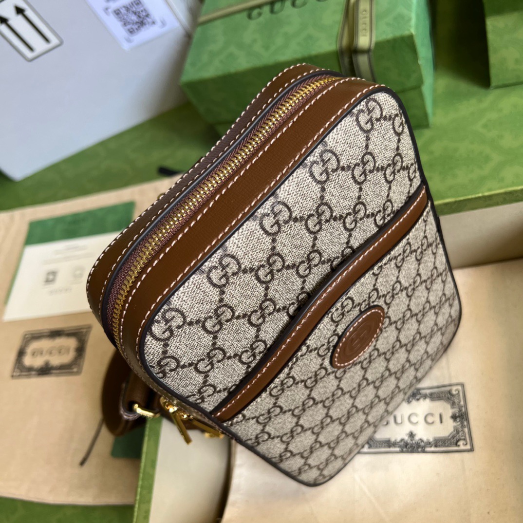 Gucci Sling Backpack With Interlocking G Beige And Ebony GG Supreme Canvas For Men 9.4in/24cm GG 696016 92THG 8563