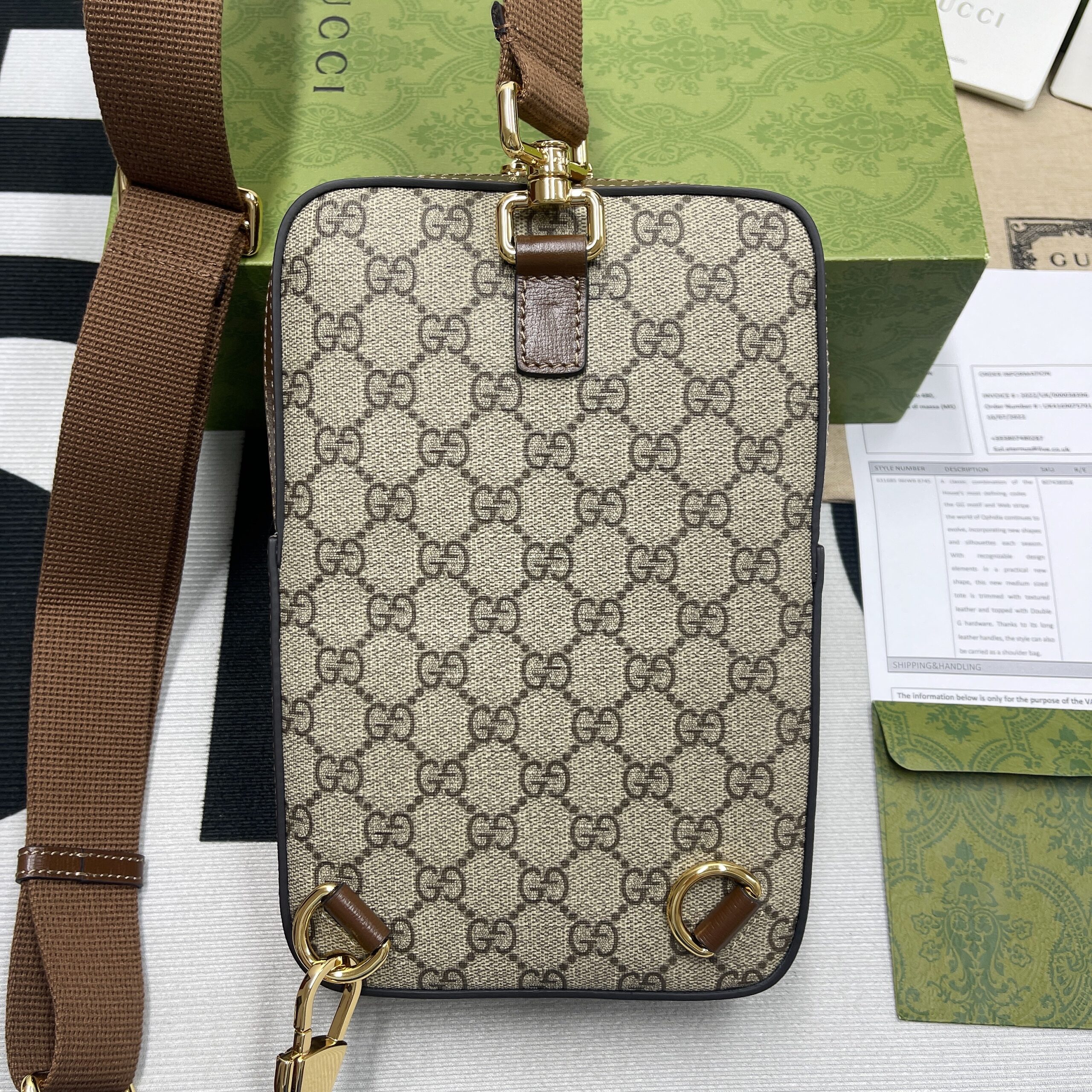 Gucci Sling Backpack With Interlocking G Beige And Ebony GG Supreme Canvas For Men 9.4in/24cm GG 696016 92THG 8563
