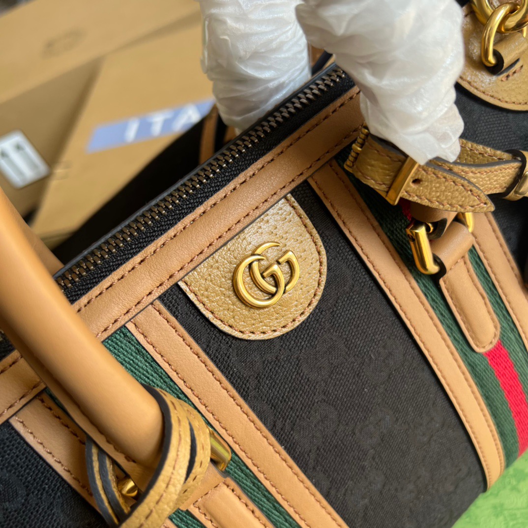 Gucci Small Bauletto Top Handle Bag With Double G Brown/Grey For Men 10.6in/27cm