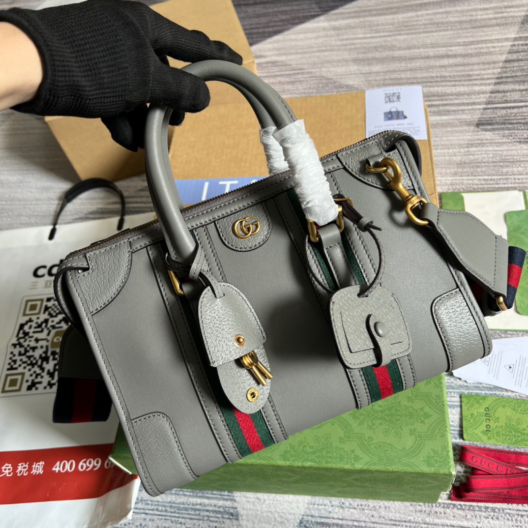 Gucci Small Bauletto Top Handle Bag With Double G Brown/Grey For Men 10.6in/27cm