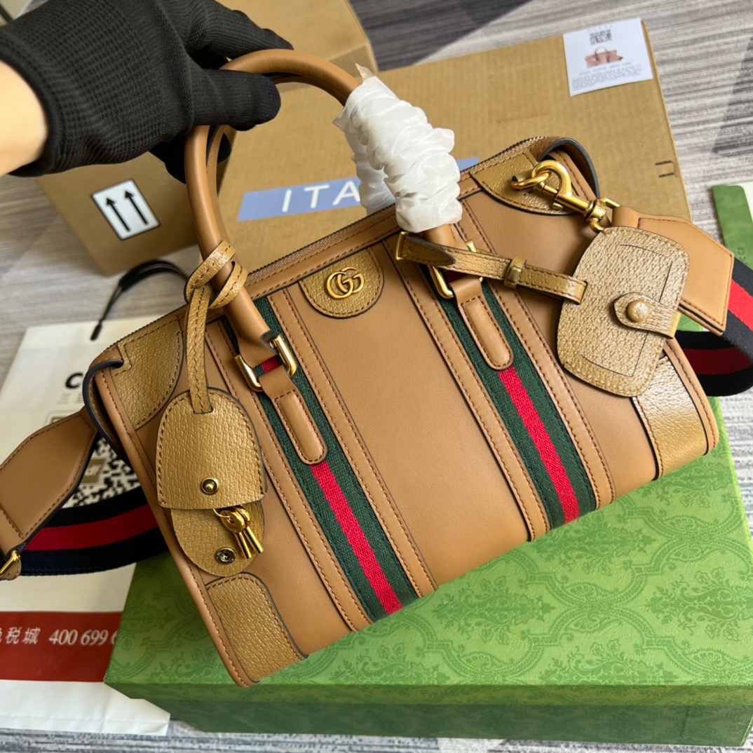 Gucci Small Bauletto Top Handle Bag With Double G White/Brown For Men 10.6in/27cm