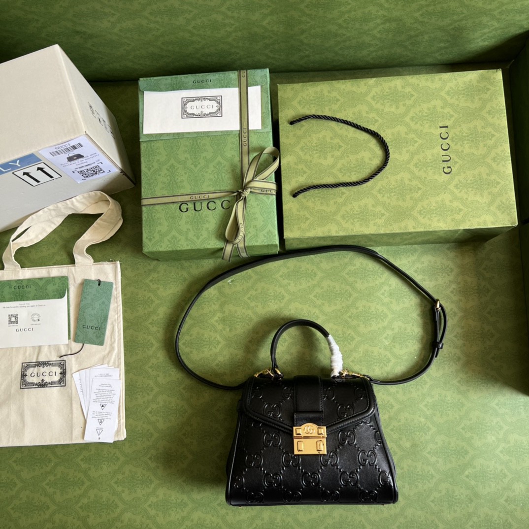 Gucci Small GG Top Handle Bag Black Debossed For Women 11in/29cm