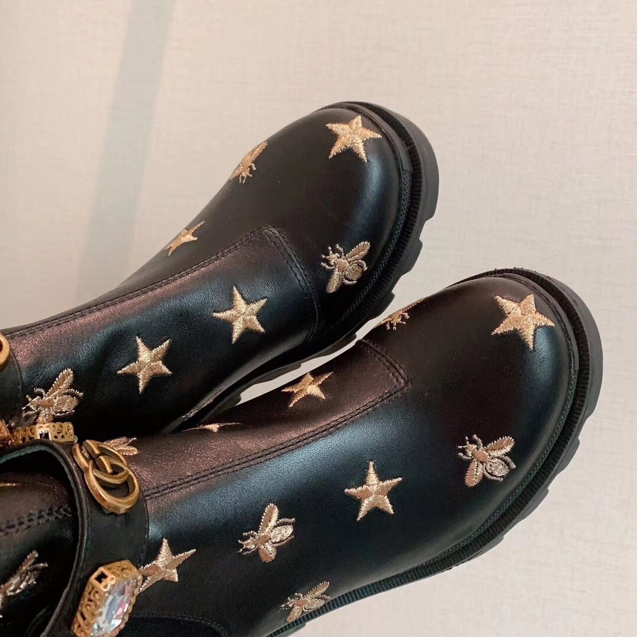 Gucci Star And Bee Embroidered Trip Ankle Boots Black For Women GG